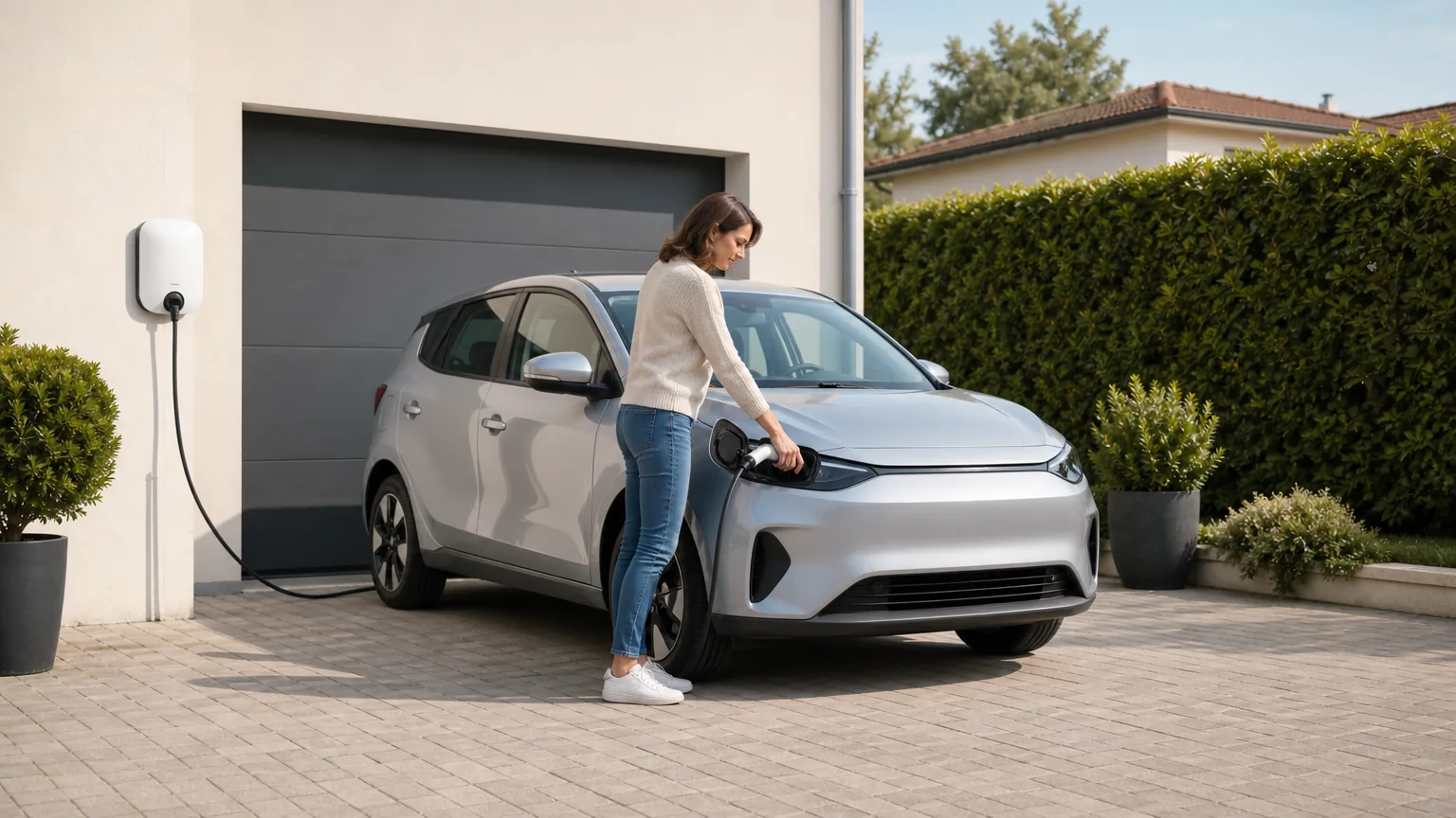 Une femme branche le câble de recharge sur sa voiture électrique neuve garée dans l'allée de sa maison, reliée à la borne murale fixée à côté du garage.