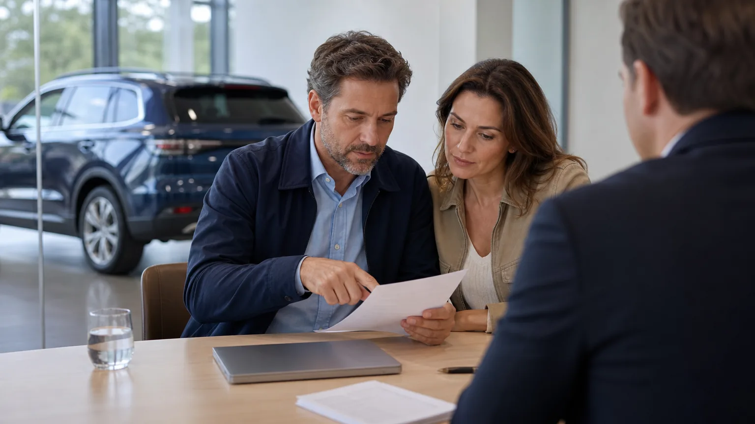 Un couple relit la fiche technique de sa future voiture familiale face au vendeur avant de signer, un SUV neuf exposé derrière la vitre du bureau de la concession.