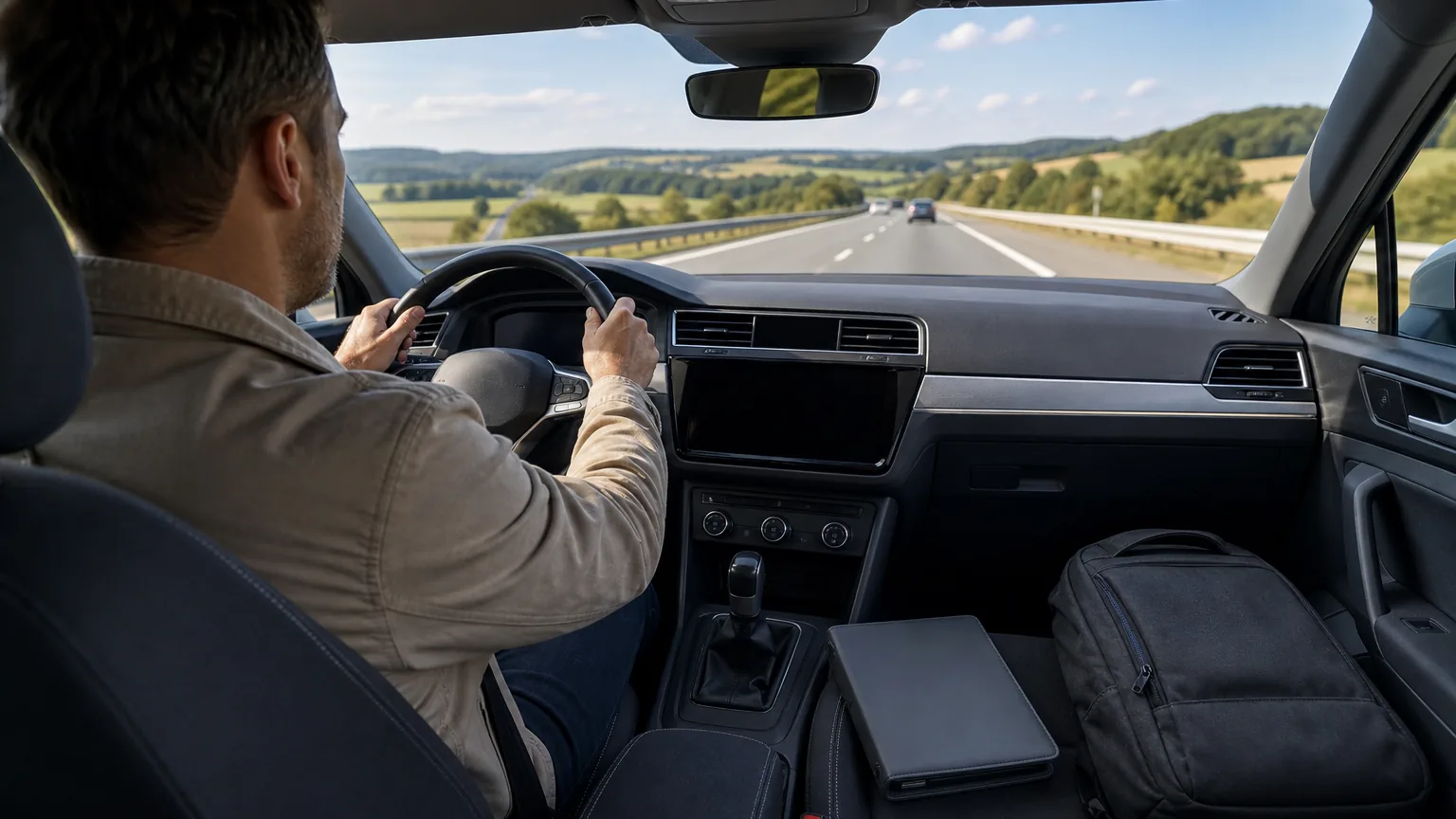 Un acheteur ramène par l'autoroute la voiture qu'il vient d'acheter en Allemagne, avec le dossier du véhicule et son sac posés sur le siège passager