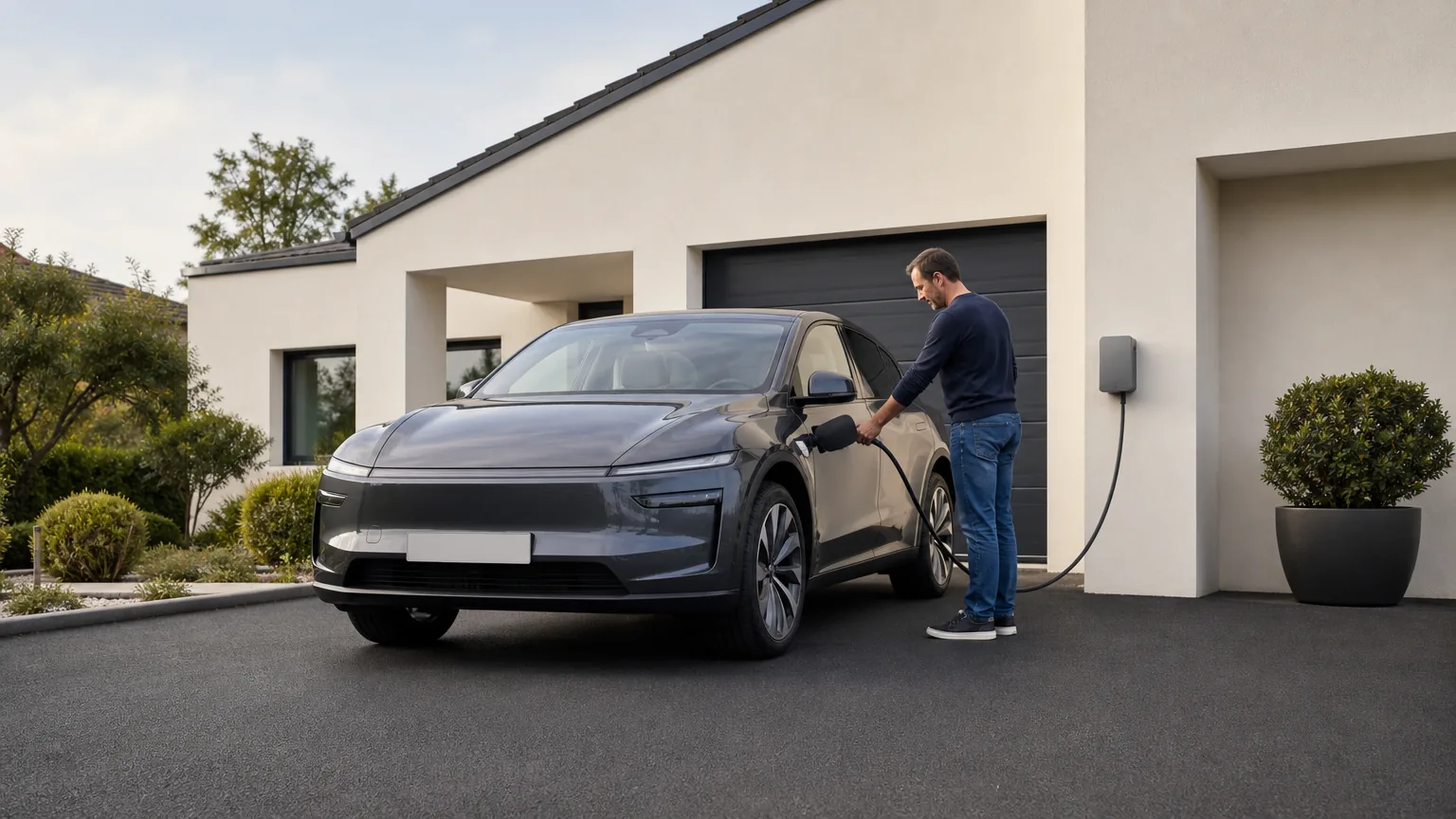 Un homme branche le câble de recharge de son grand SUV électrique gris sur la borne murale fixée à sa maison