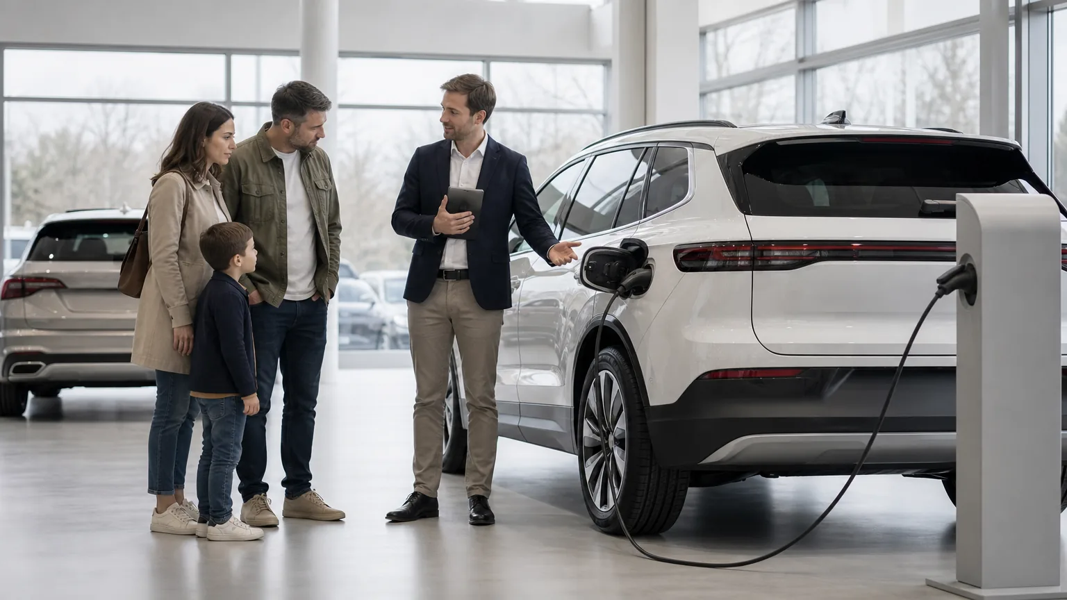 Un vendeur présente à un couple et à leur enfant un grand SUV électrique blanc branché sur une borne dans le hall d'une concession